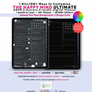 Dark ADHD Life Planner 2026 2027, GoodNotes iPad Android Notability, Undated, Lifetime, Brain Dump, Self Care Journal, Custom Month + Hour