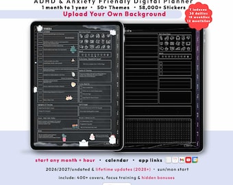 Dark ADHD Life Planner 2026 2027, GoodNotes iPad Android Notability, Undated, Lifetime, Brain Dump, Self Care Journal, Custom Month + Hour