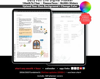 Finance Digital Planner 2026 2027 lifetime, budget tracker, savings bills, iPad Android, GoodNotes Notability, start Any month + hour