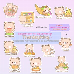Thanksgiving Bear Digital Sticker Pack, Turkey Holiday GoodNotes Sticker, Cute Bear Printable Digital Sticker, Cute Digital Download Sticker