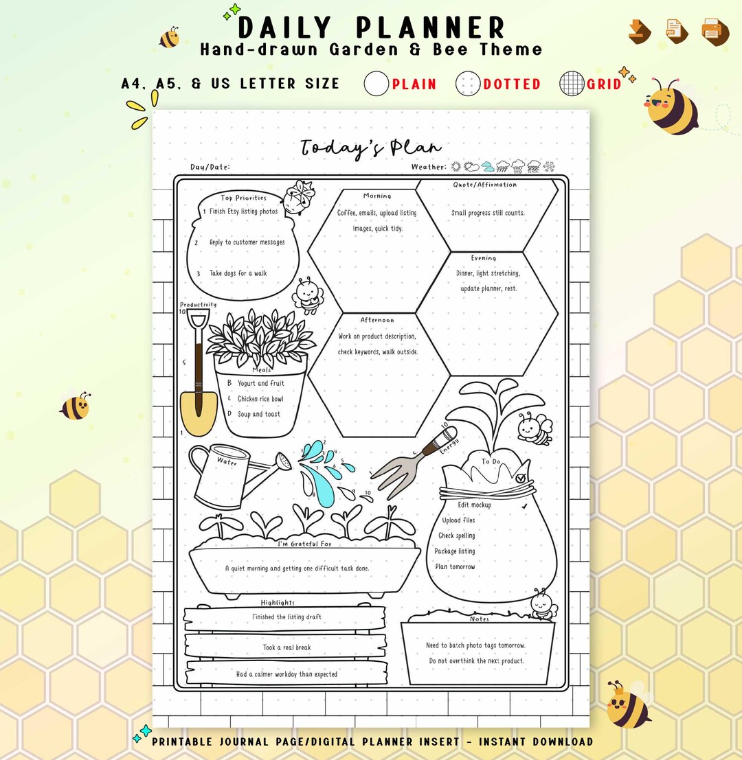 Daily Planner Printable Bullet Journal, Bee Gratitude Page, Wellness ...
