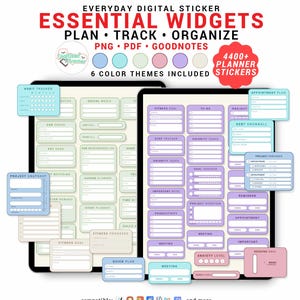 May include: A digital sticker set titled Everyday Digital Sticker Essential Widgets Plan Track Organize. Includes 4400+ planner stickers in 6 color themes, compatible with PNG, PDF, and Goodnotes. Features various task trackers, goal planners, and project logs.