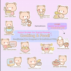 Paquete de pegatinas digitales de cocina de oso, pegatinas de GoodNotes png, pegatinas de planificador digital de bbq de oso, pegatinas de planificador imprimibles de comida de cena linda