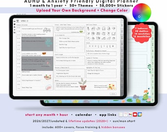 ADHD Digital Planner 2026 2027, Happy Mind Wellness Journal, GoodNotes iPad Android Notability, Undated, Lifetime, Start Any Month + Hour