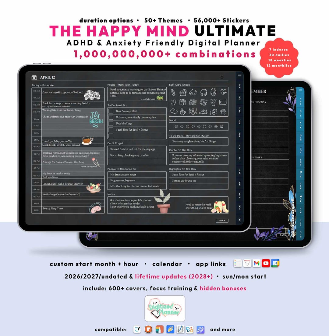 Dark ADHD Digital Planner 2026 2027, Goodnotes iPad Android Notability ...