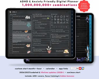 Dark ADHD Digital Planner 2026, 2027, lifetime, personalize daily iPad planner, GoodNotes, anxiety mindfulness