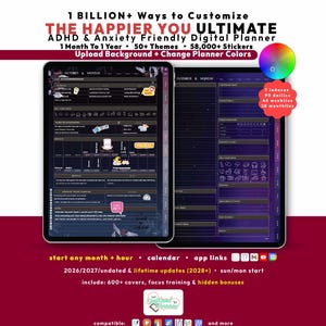 Dark ADHD Digital Planner 2026 2027, GoodNotes iPad Android, Undated, Lifetime, Micro Habit Tracker, Start Any Month + Hour