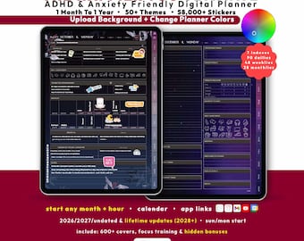 Dark ADHD Digital Planner 2026 2027, GoodNotes iPad Android, Undated, Lifetime, Micro Habit Tracker, Start Any Month + Hour