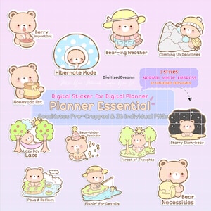 Bear Planner  Digital Sticker Pack, Planner Decoration GoodNotes Sticker, Cute Bear Printable Digital Sticker, Cute Digital Download Sticker