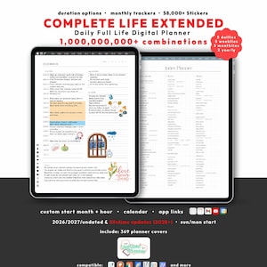 May include: A digital planner displayed on two tablet screens featuring a daily schedule, an index page, and various colorful stickers. Text includes COMPLETE LIFE EXTENDED, Daily Full Life Digital Planner, 1,000,000,000+ combinations, and Index Planner.