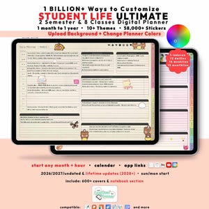 Student Digital Planner 2026 2027, GoodNotes iPad Android, Undated, Lifetime, 2 Semester 8 Class Tracker, Start Any Month + Hour