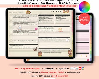 Student Digital Planner 2026 2027, GoodNotes iPad Android, Undated, Lifetime, 2 Semester 8 Class Tracker, Start Any Month + Hour