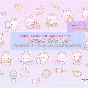 Bunny Digital Sticker Pack, GoodNotes pre-cropped png, ipad digital stickers, chores digital planner sticker, kawaii cute pink bunny sticker