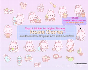 Kawaii Bunny Chores Digital Stickers: GoodNotes Planner (72 PNG)