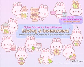 Bunny Savings Stickers, GoodNotes Planner, PNG Stickers (Digital Download)