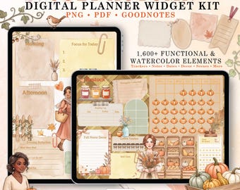 Autumn Digital Planner Stickers, Watercolor Goodnotes Widget Bundle, Fall Planning Accessories, Calendar Decor, Seasonal Journal, PNG PDF