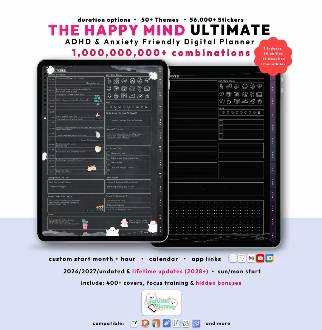 Dark ADHD Life Planner 2026 2027, Goodnotes iPad Android Notability ...