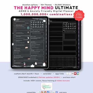 ADHD Dark Digital Planner 2026, Undated, Lifetime: Daily Anxiety Journal, Customizable iPad GoodNotes Planner