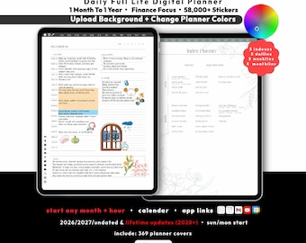 Finance Digital Planner 2026 2027 lifetime, budget tracker, savings bills, iPad Android, GoodNotes Notability, start Any month + hour