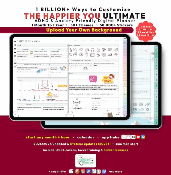 ADHD Custom Digital Planner 2026 2027, Landscape GoodNotes iPad Android Notability, Undated, Lifetime, Micro Habits, Start Any Month + Hour