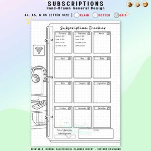 May include: Black and white subscription tracker printable journal page with a hand-drawn design. The page includes sections for each month, with space to track subscriptions. The text at the top reads "SUBSCRIPTIONS Hand-Drawn General Design".