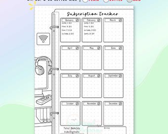 Subscription Tracker Printable Planner, Expense, budget, bill payment log bullet journal page insert template