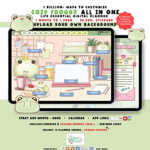 Frog Digital Planner 2026 2027, Kawaii GoodNotes iPad Android, Undated Lifetime, Start Any Month, Choose Hour, All in One