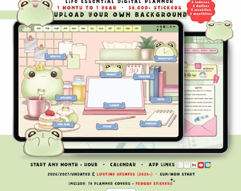 Frog Digital Planner 2026 2027, Kawaii GoodNotes iPad Android, Undated Lifetime, Start Any Month, Choose Hour, All in One