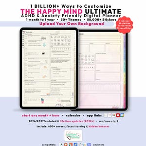 Custom ADHD Digital Planner 2026 2027, GoodNotes iPad Android Notability, Undated, Lifetime, Anxiety Journal, Start Any Month + Hour
