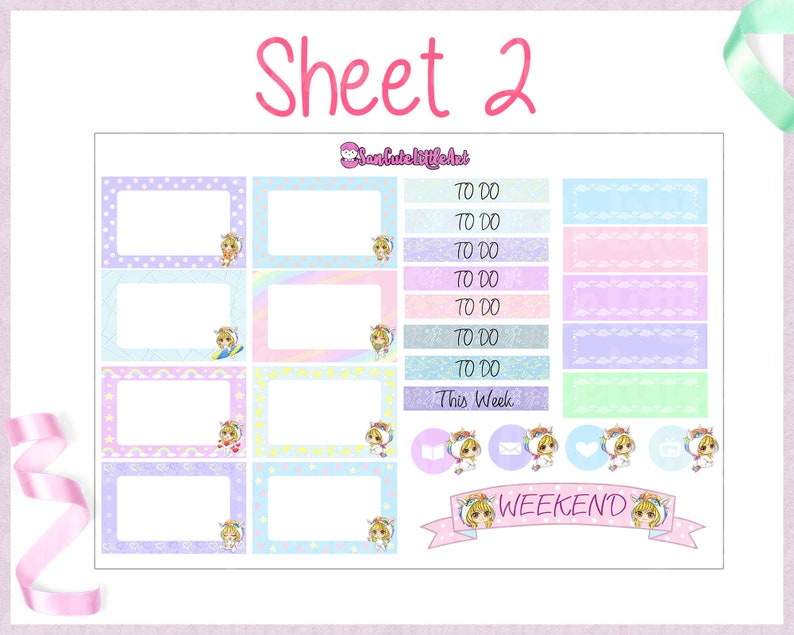 4 sheets mini weekly set for Erin Condren Planner Planner sticker weekly kit Cute chibi girl Unicorn weekly planner sticker Unicorn
