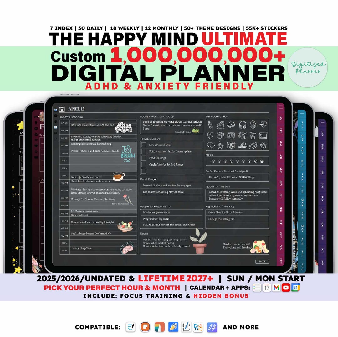 Dark ADHD Digital Planner 2026, Undated, Lifetime, Custom Daily iPad ...