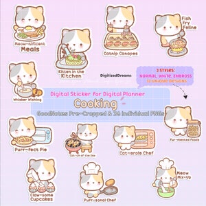 Cooking Kitty Cat Digital Sticker Pack, kitty GoodNotes Stickers, kitty digital planner sticker, Cute Foodie cat printable planner sticker