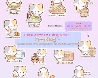 Cooking Kitty Cat Stickers: Foodie Theme Digital Planner Sticker Decoration, GoodNotes Files and PNGs