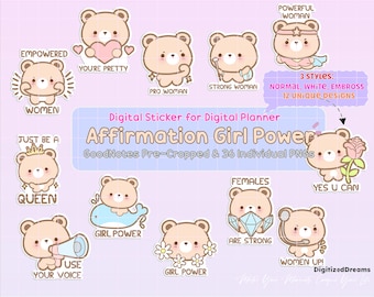 Bear Affirmation Stickers: Girl Power Planner Stickers (Digital Download)