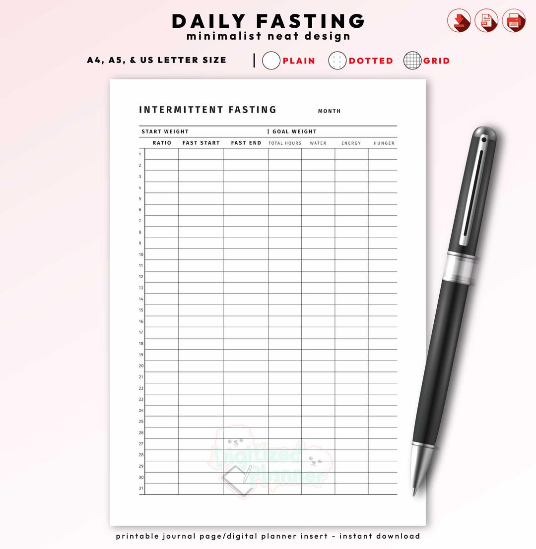 Daily Fasting Log Printable, Intermittent Fasting Tracker, Meal Timing ...