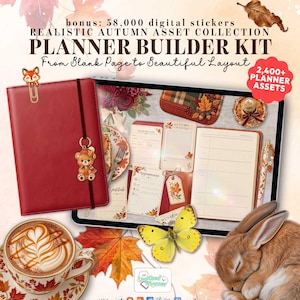 Könnte beinhalten: Ein digitales Planer-Baukasten-Set mit einem roten Notizbuch, Fuchs-Büroklammer und Bärenanhänger, einem Tablet mit herbstlichen Planerseiten, einem Latte mit Blatt-Art, einem gelben Schmetterling und einem schlafenden Kaninchen auf Herbstlaub.