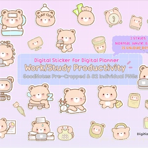 Oso de pegatina digital de peluche, pegatina GoodNotes, pegatina del planificador productivo, pegatinas del planificador del oso kawaii lindo, pegatinas del planificador del trabajo de estudio