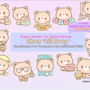 Bear Shopping Digital Stickers Pack, GoodNotes pre-cropped png, digital planner stickers, cute bear digital planner, bear shopping stickers