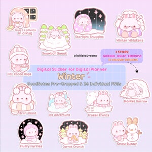 Pakiet naklejek cyfrowych Bunny Winter, naklejki Season Snow GoodNotes, naklejki do cyfrowego planera, słodkie naklejki do wydrukowania na święta Kawaii Bunny