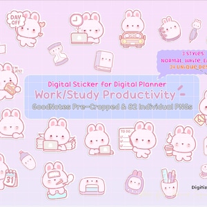 May include: A set of 34 digital stickers featuring cute pink bunny illustrations with various work and study themes. The stickers are pre-cropped for GoodNotes and include 82 individual PNG files. The text on the stickers includes "Day Off", "Busy Day", "I'm Late!" and "To Do".