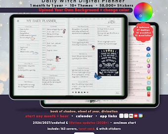 Witch Digital Planner 2026 2027, Wicca Grimoire Book of Shadows, GoodNotes iPad Android, Undated, Lifetime, Daily, Start Any Month + Hour