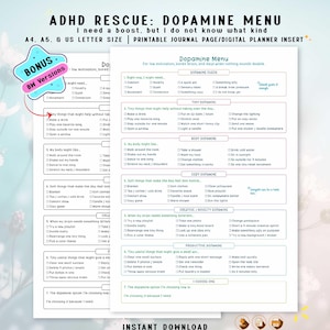 Dopamine Menu Printable, ADHD Planner Insert PDF, Low Motivation Worksheet, Executive Dysfunction Journal Page