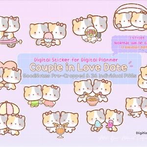Kitty Cat couple digital Sticker pack, Love planner sticker, kitty in date printable stickers, cute kitty love goodnotes, notability sticker