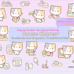 Kitty Cat Digital Sticker Pack, GoodNotes pre-cropped png, ipad digitale stickers, Huis klusjes digitale planner sticker, Kitty planner packs