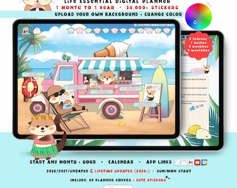 Beach Digital Planner 2026 2027, Custom Otter Seaside Cafe Blue, GoodNotes iPad Android, Undated, Lifetime, Start Any Month, Choose Hour