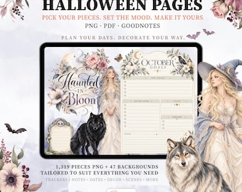 Halloween Digital Planner Widgets, Goodnotes Stickers, Witchy PNG Bundle with Undated Calendars, October Watercolor kit & Journal Templates
