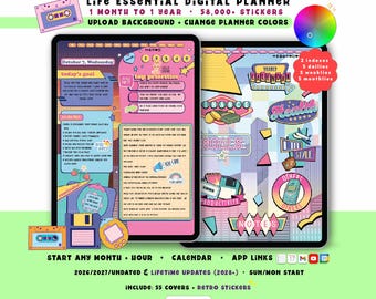 Retro Custom Digital Planner 2026 2027, 90s Portrait GoodNotes iPad Android Notability, Undated, Lifetime Updates, Start Any Month + Hour