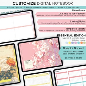 Pode incluir: Um caderno digital com um design de flores de cerejeira rosa e branco. O caderno tem 12 seções com abas, mais de 50 modelos e 2300 adesivos e widgets desenhados à mão. O caderno está disponível em 18 cores e 26 capas.