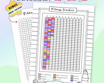 Fitness Tracker Printable, Yearly Workout, Exercise Log, Health Bullet Journal Idea, Digital Planner Page