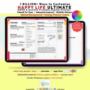 ADHD Hobonichi Digital Planner 2026 2027, GoodNotes iPad Android, Self Care Journal, Brain Dump, Start any Month + Hour, Happy Life Planner